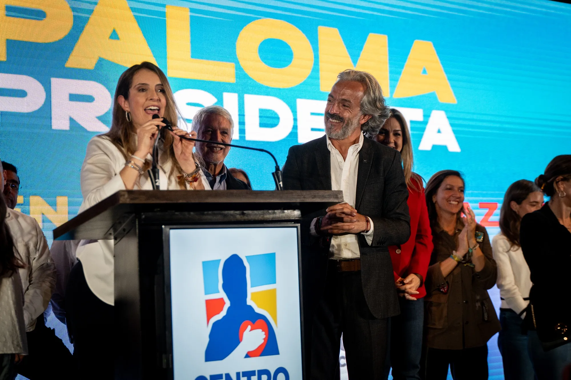 Paloma Valencia, left, and Juan Daniel Oviedo during the Gran Consulta Por Colombia election night rally in Bogota on March 8.