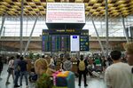 Travelers in the departure hall at Oslo Airport Gardermoen following SAS pilot strike action, on July 4.