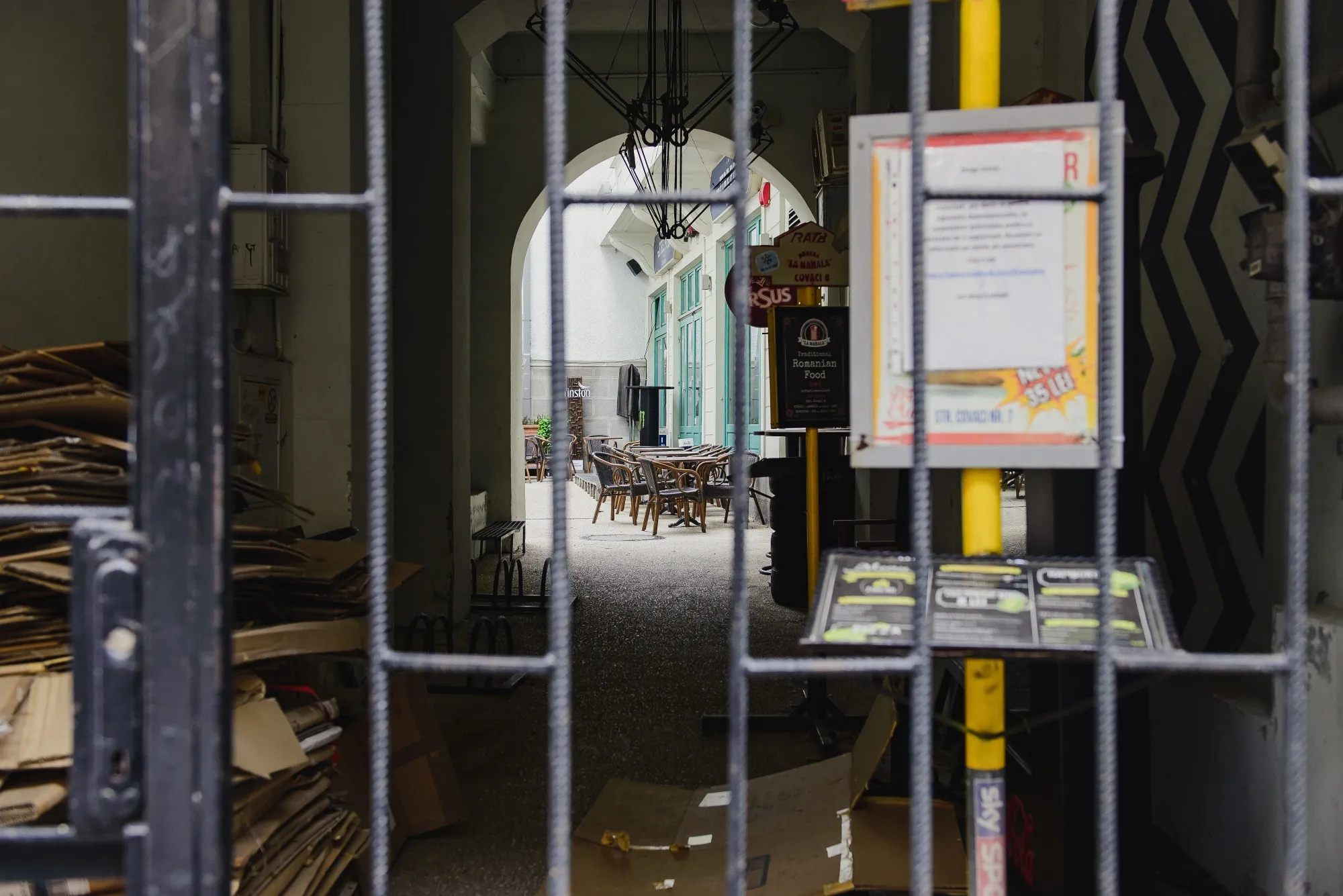 A closed restaurant terrace in Bucharest, Romania.