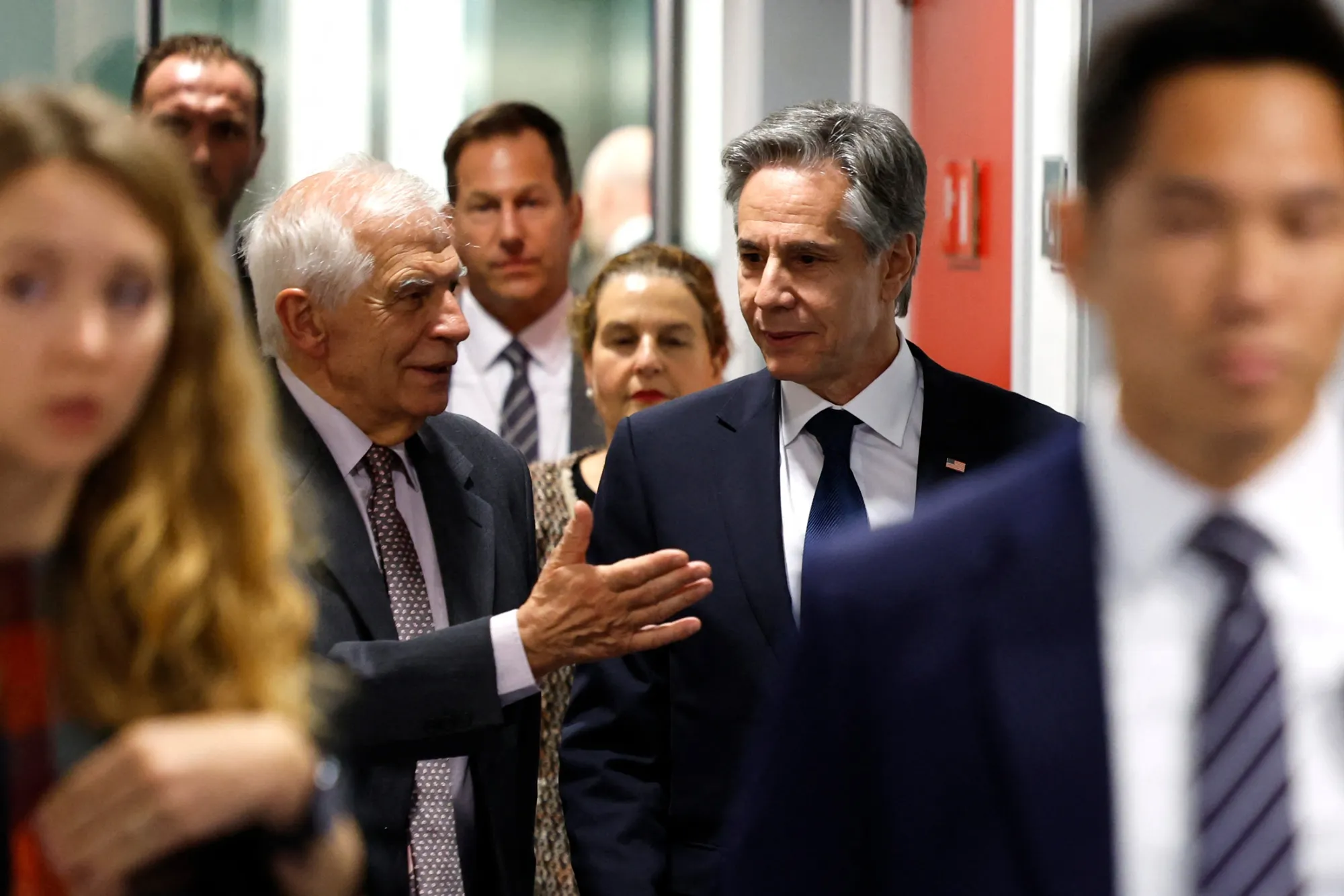 Josep Borrell speaks with Antony Blinken in Brussels on Nov. 13.