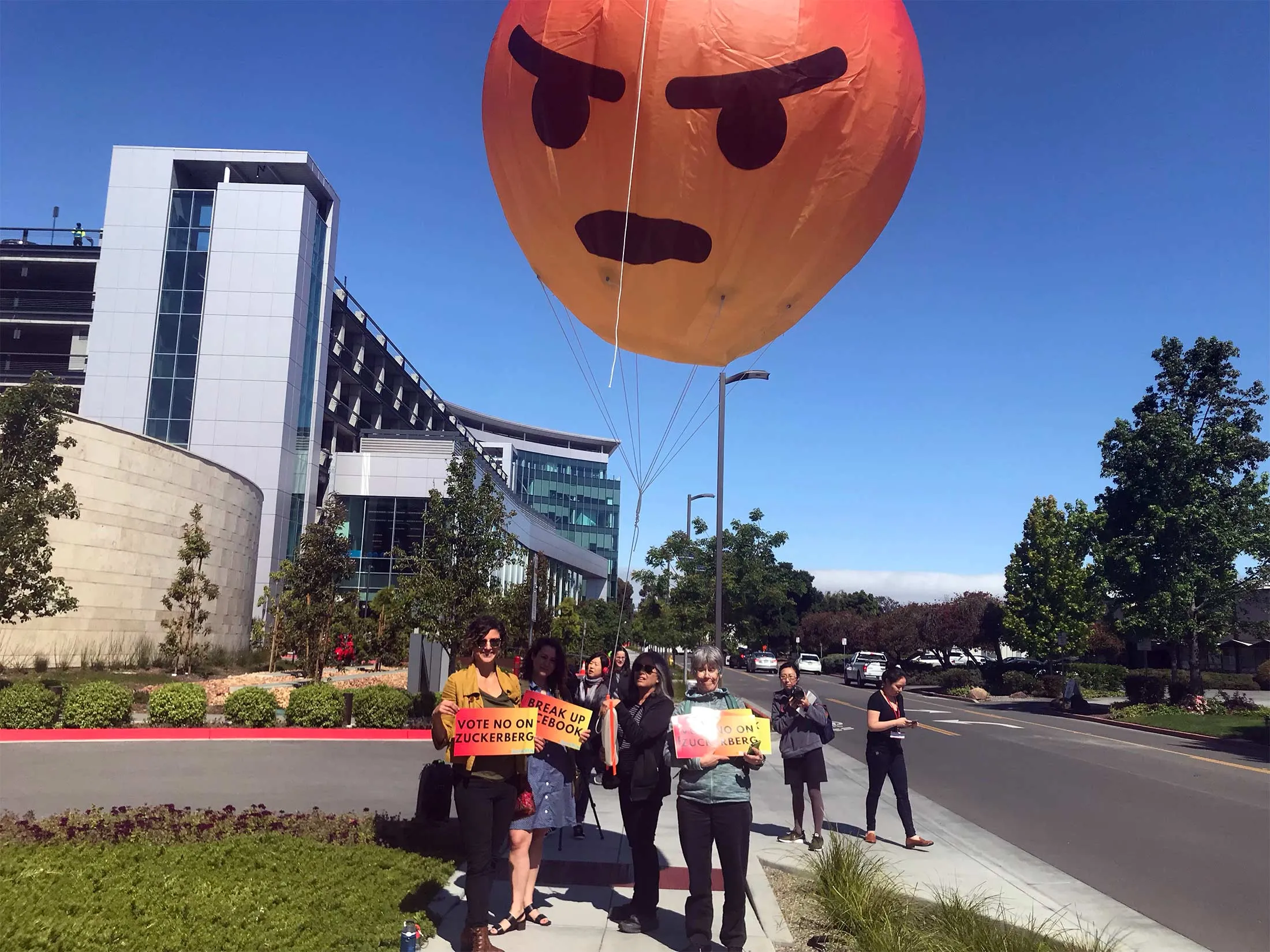 Shareholder advocacy organization SumOfUs protestes outside Facebook’s shareholder meeting.