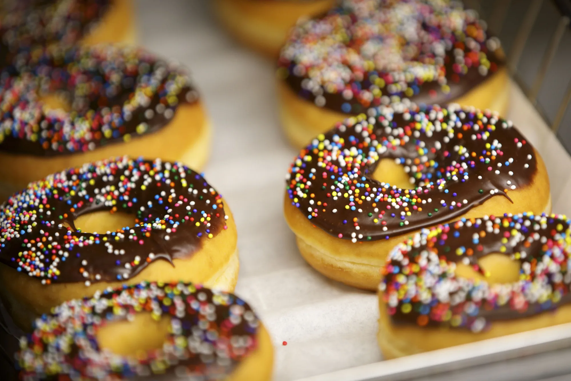 A tray of chocolate frosted donuts with sprinkles is displayed for sale.