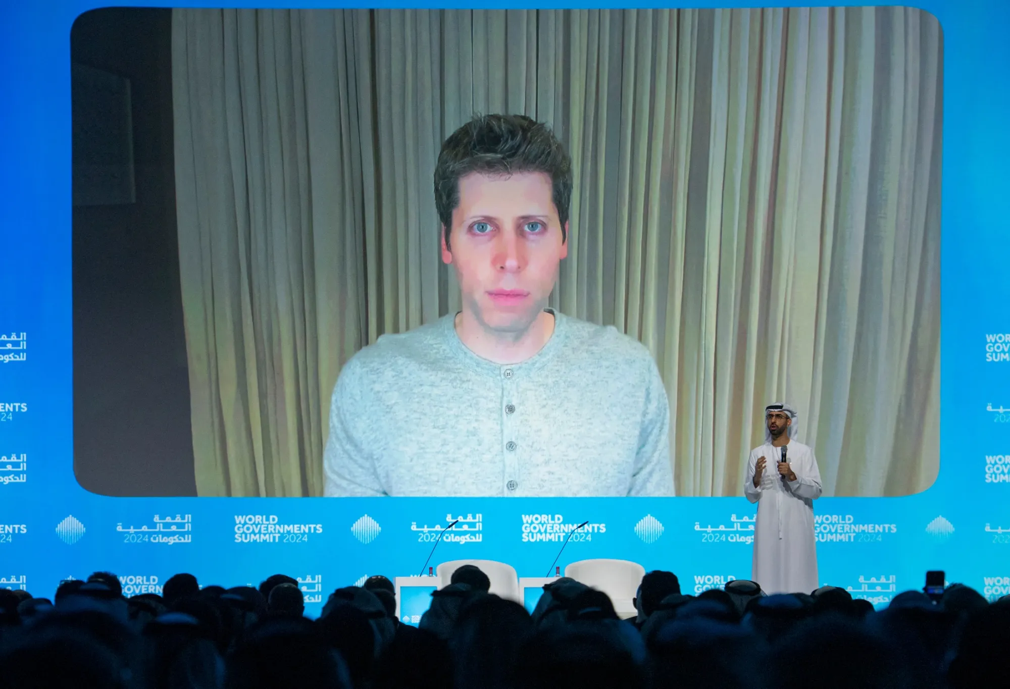 Sam Altman during a videoconference with Omar Al Olama in Dubai, on Feb. 13.
