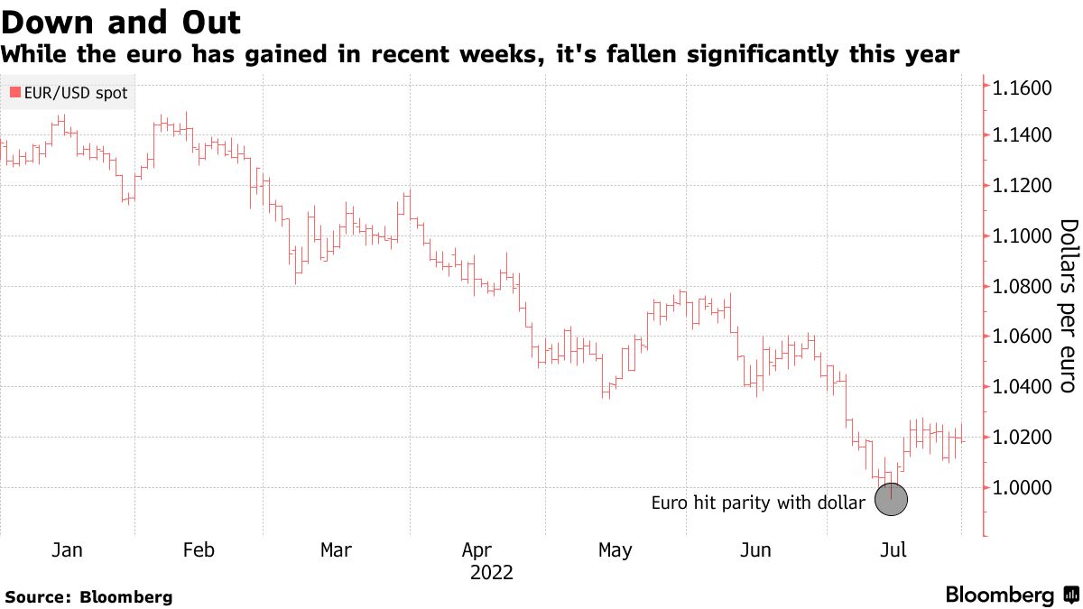 While the euro has gained in recent weeks, it's fallen significantly this year