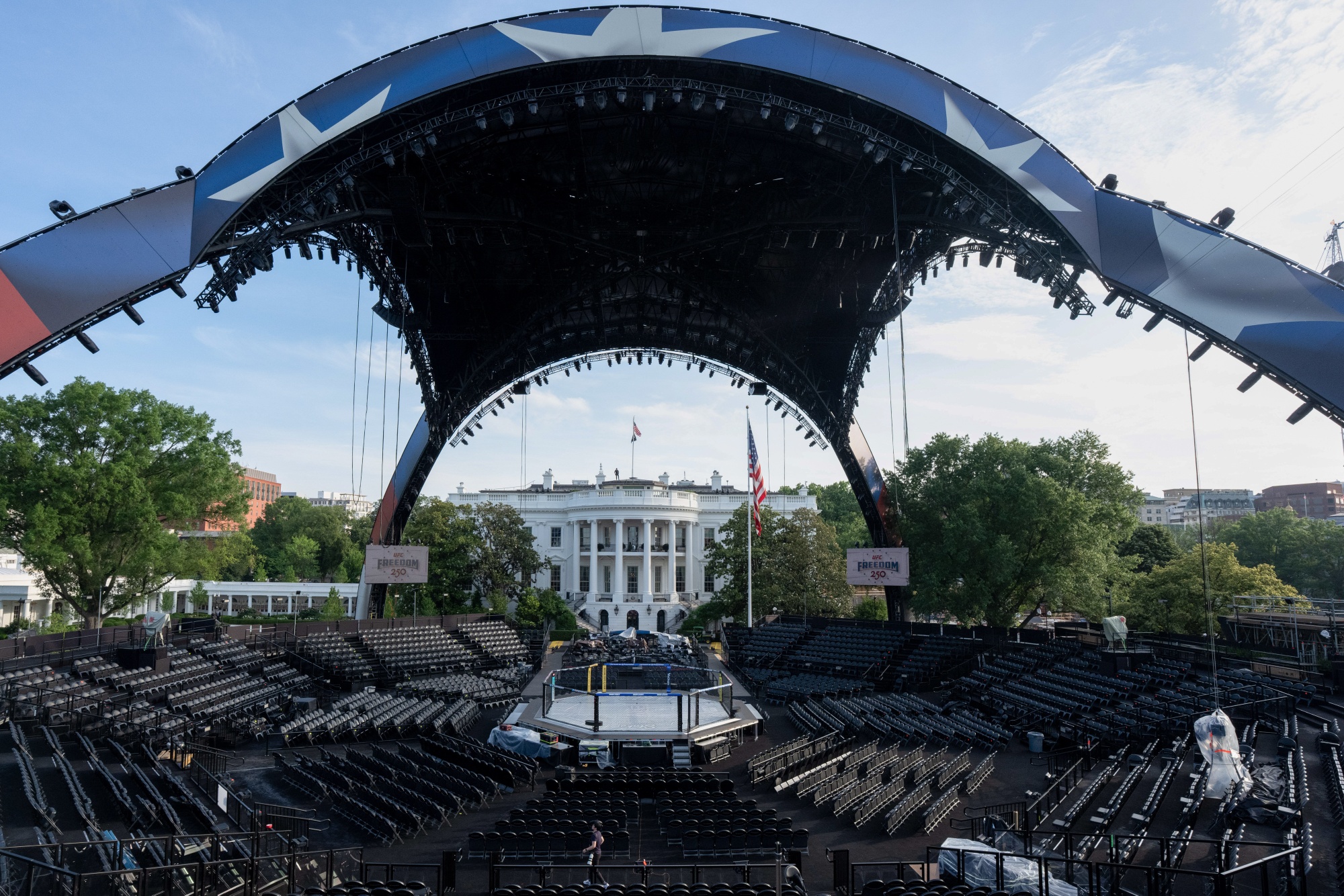The UFC octagon and fighting arena during a media preview ahead of a planned UFC fight on the South Lawn of the White House in Washington, DC, US, on Thursday, June 11, 2026. The mixed Ultimate Fighting Championship event on White House grounds planned for June 14 violates National Park Service environmental review regulations, two Virginia residents allege in a lawsuit challenging it. Photographer: Aaron Schwartz/Bloomberg