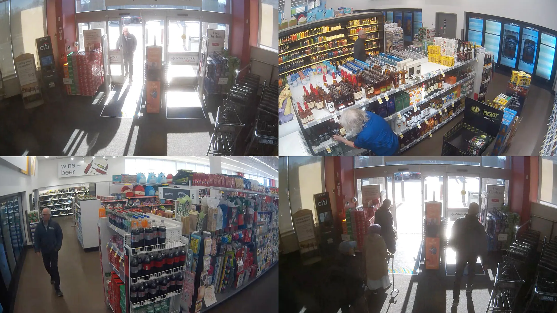 A grid of 4 images showing Security camera footage submitted to court by Walgreens shows the retailer’s former CEO Greg Wasson entering one of its stores shortly after Cooler Screens cut its data feed.