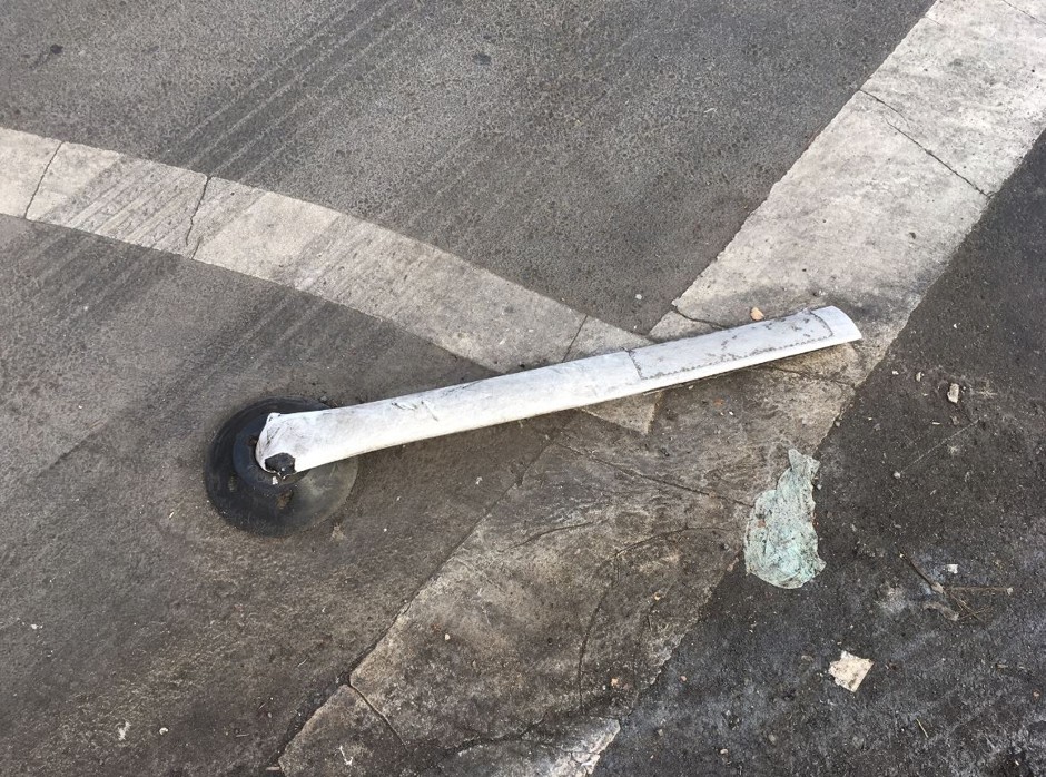 A bike-lane marker mowed down in Oakland.