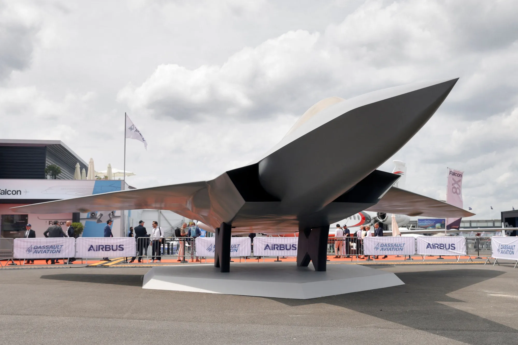 A full size model of the FCAS Future Combat Air System fighter under development by Dassault Aviation, Airbus and Indra Sistemas in Paris in 2023.