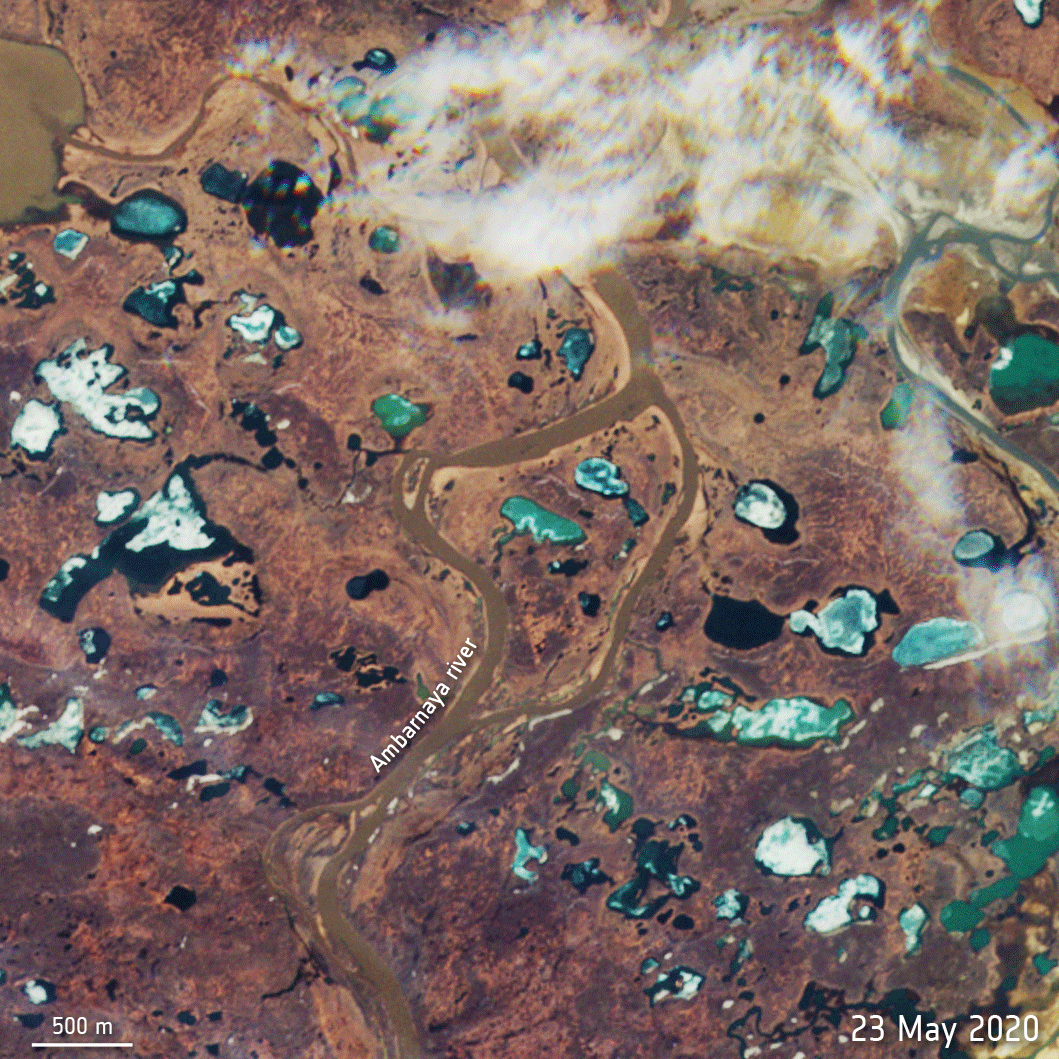 Images from the the Copernicus Sentinel-2 satellite show the extent of the Norilsk spill.