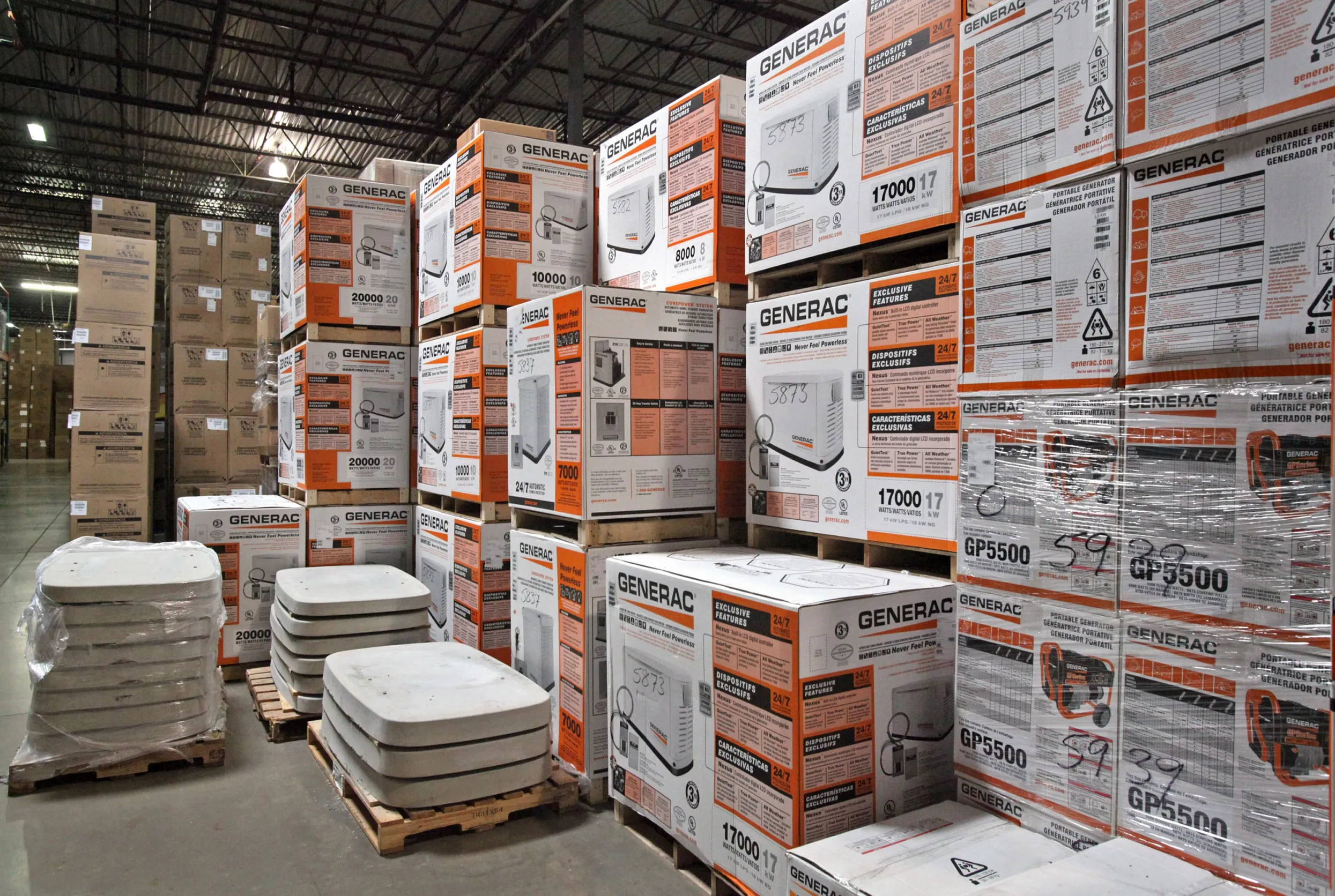 Generac Holdings Inc. generators at a warehouse in Glenview, Illinois.