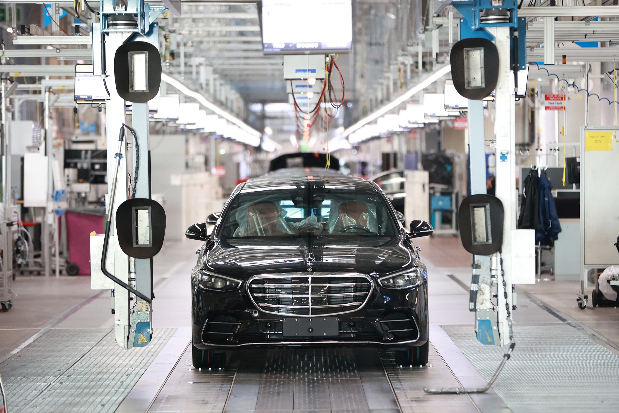 A Mercedes-Benz S-Class luxury automobile rolls off the assembly line at the Mercedes-Benz Group plant in Sindelfingen, Germany.