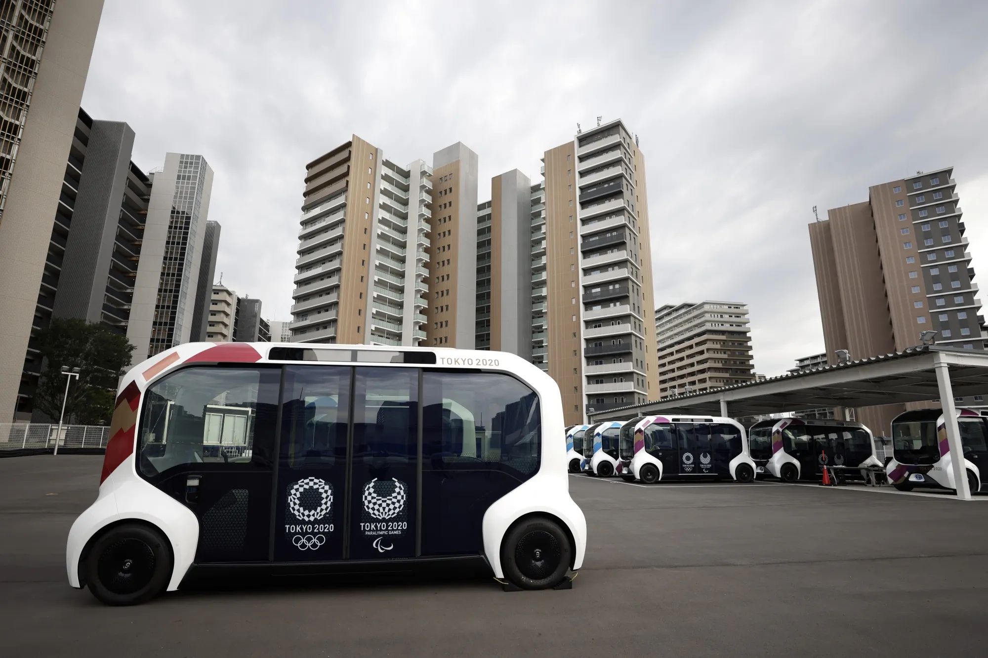Toyota e-Palette vehicles at the internal shuttle bus station at the Olympic and Paralympic Village for the Tokyo 2020 Games, on June 20.