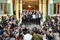 Pita Limjaroenrat, leader of the Move Forward Party, center, following a meeting with coalition partners in Bangkok, Thailand, on Wednesday, May 17, 2023.