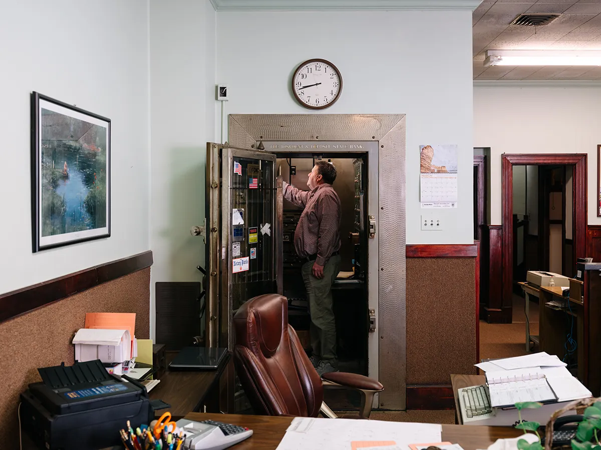 Jim Sammons inside Kentland Federal Savings and Loan’s main vault—one of the originals from 1920. The bank is considered America’s smallest.&nbsp;