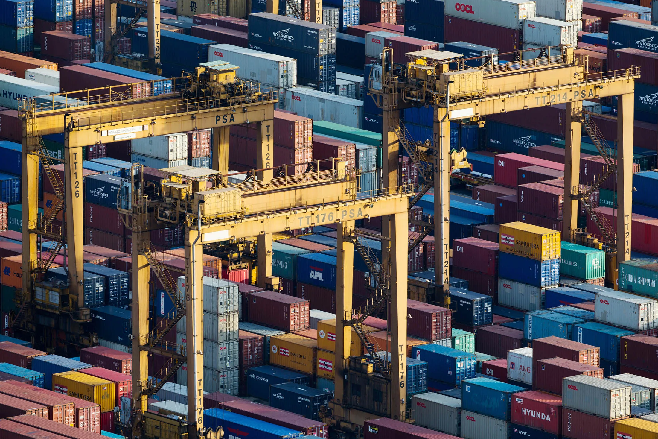Stacked containers sit among gantry cranes at Tanjong Pagar Container Terminal  at the Port of Singapore
