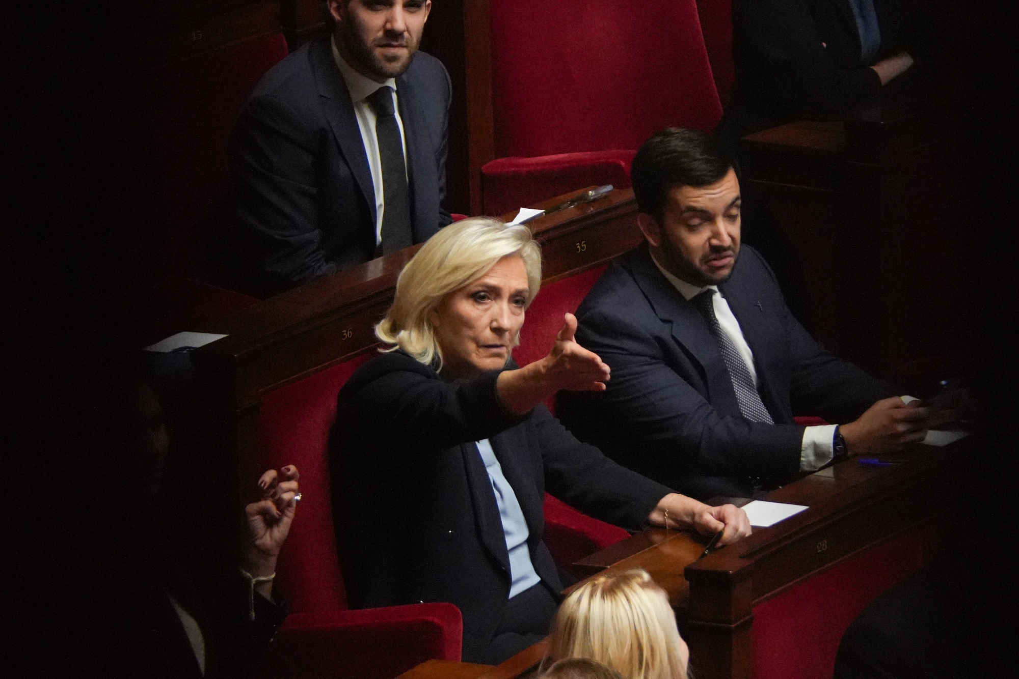 Marine Le Pen, leader of National Rally, ahead of a confidence vote at the National Assembly in Paris, France, on Thursday, Oct. 16, 2025. French premier Sebastien Lecornu appears set to survive two no-confidence motions on Thursday after announcing plans to suspend a contentious pension law in order to win support in the National Assembly. Photographer: Nathan Laine/Bloomberg