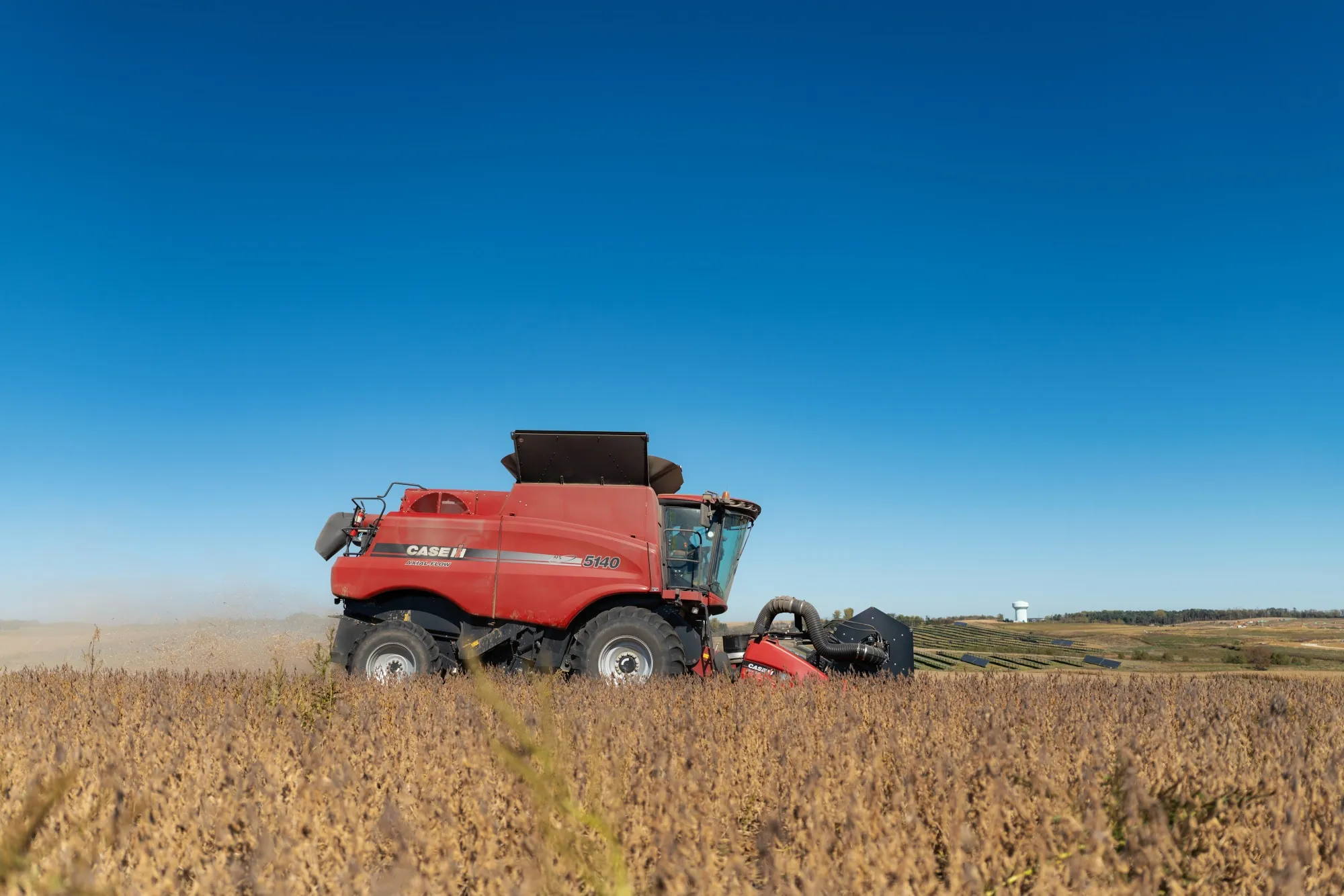 A combine harvester during a soybean harvest at a farm in Rochester, Minnesota.