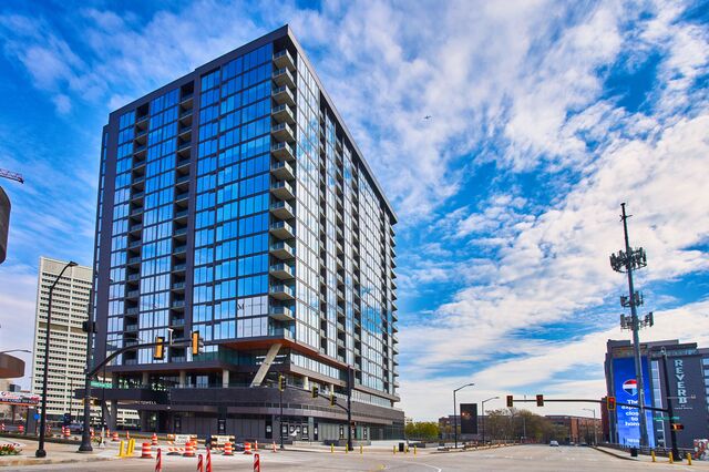Exterior of the Mitchell, a 19-story luxury apartment building.