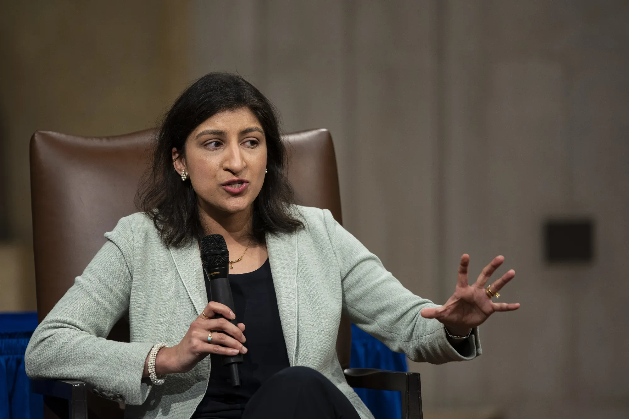 Lina Khan, chair of the Federal Trade Commission (FTC), speaks during the Spring Enforcers Summit at the Department of Justice in Washington, DC, US, on Monday, March 27, 2023. 