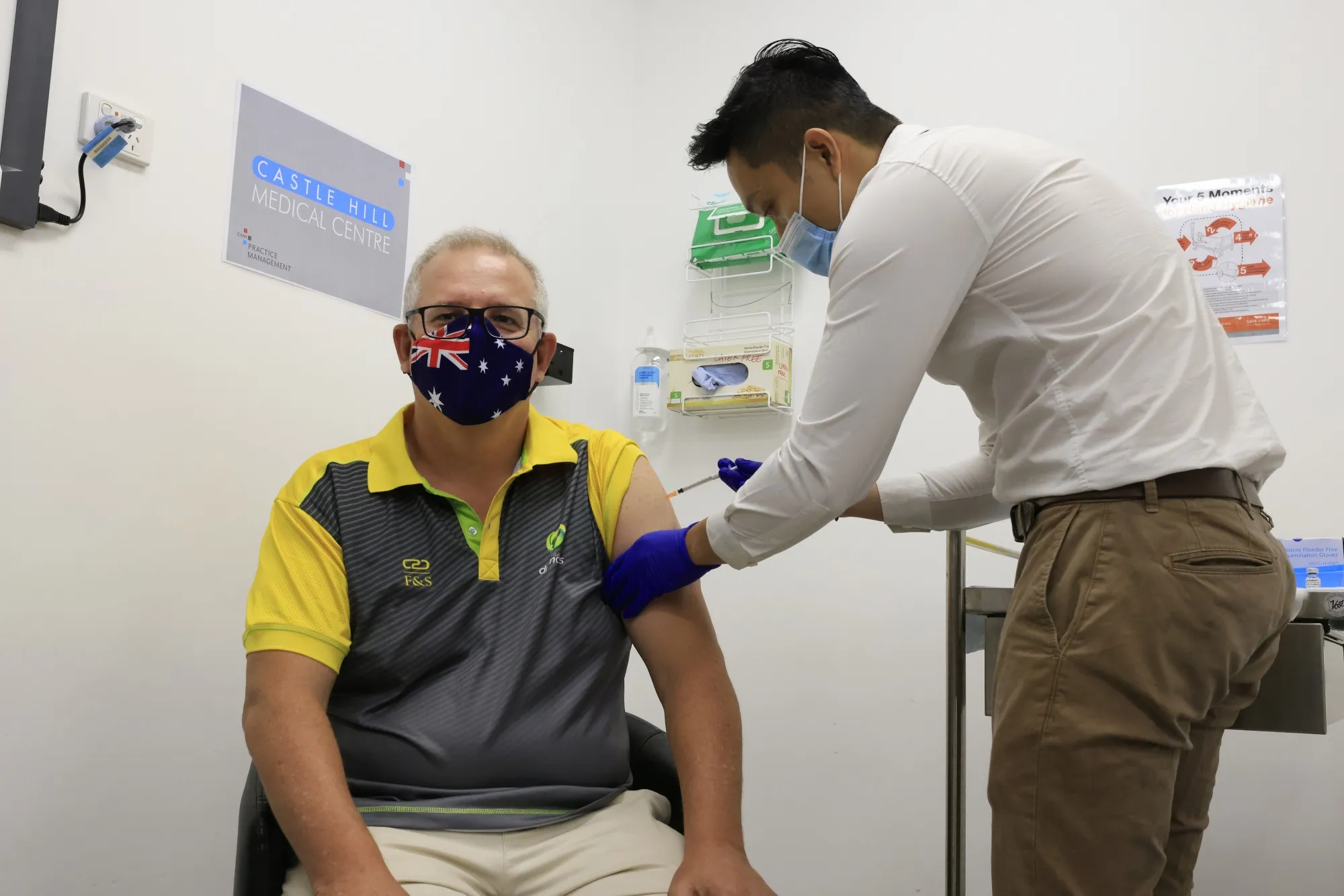 Scott Morrison is innoculated at Castle Hill Medical Centre in Sydney on Feb. 21.