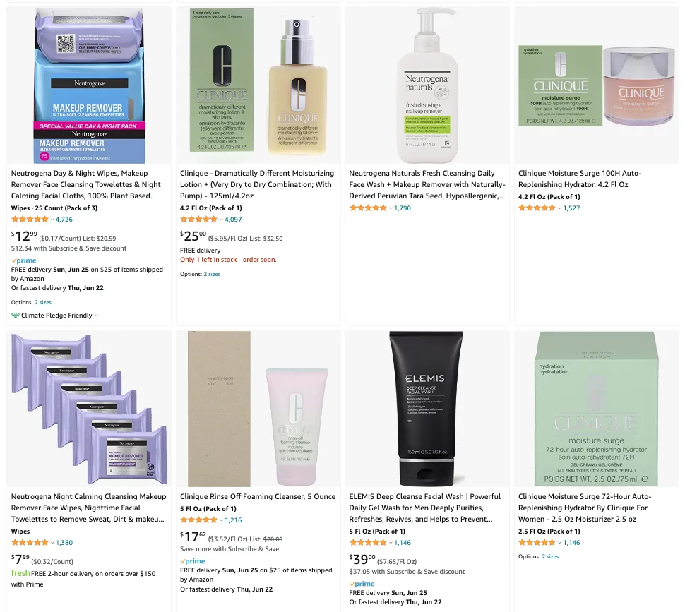 Skincare products for sale on the Amazon.com website.