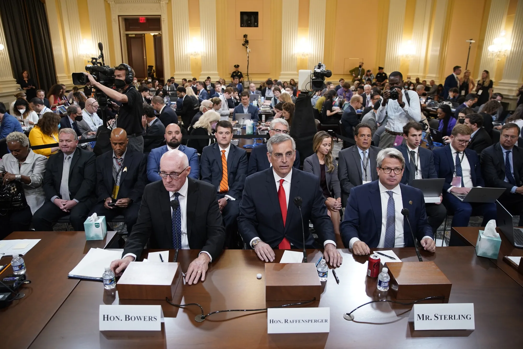 Rusty Bowers, from left, Brad Raffensperger&nbsp;and Gabriel Sterling during a&nbsp;Jan. 6 committee hearing on&nbsp;June 21.