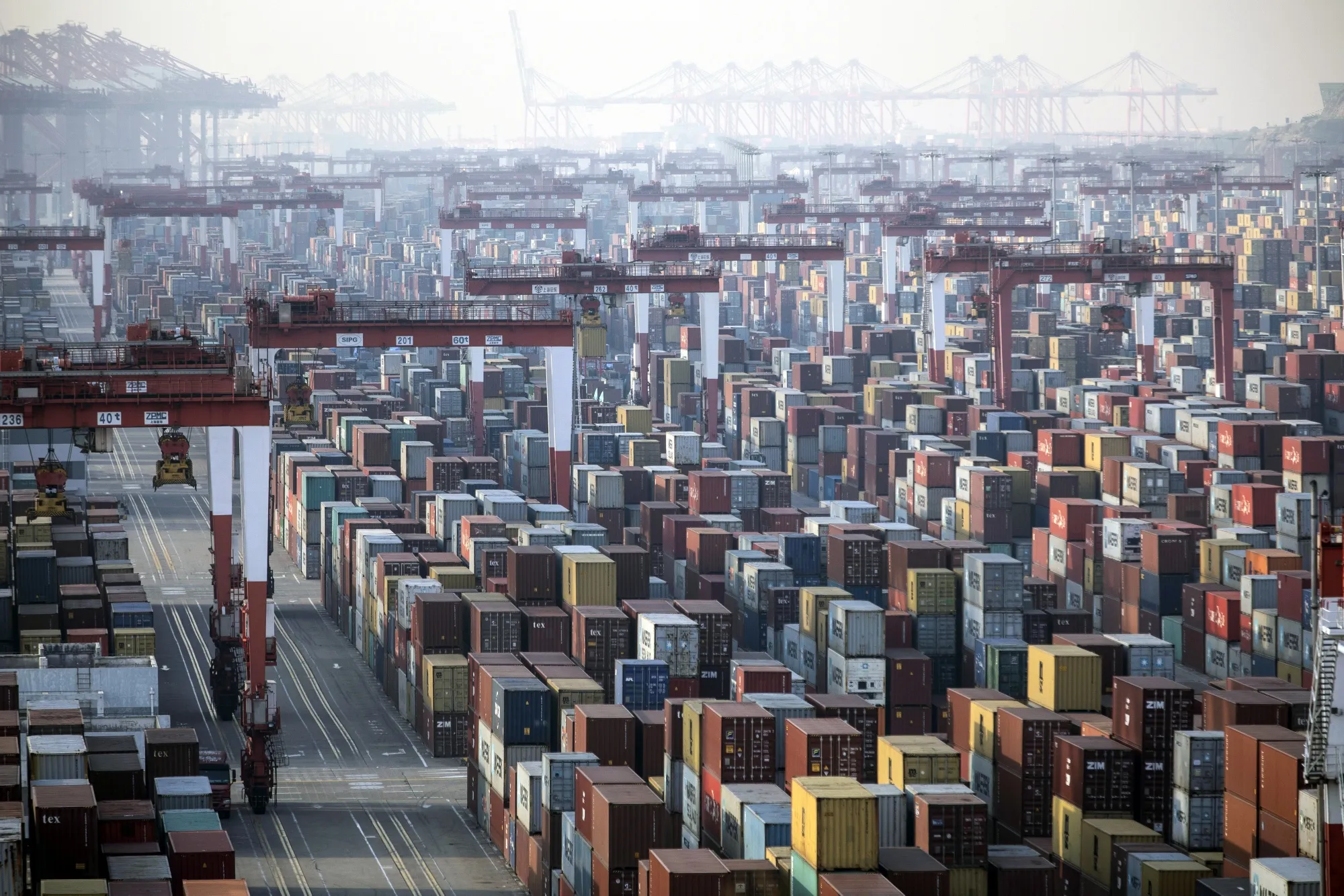 Shipping containers next to gantry cranes at the Yangshan Deepwater Port in Shanghai.