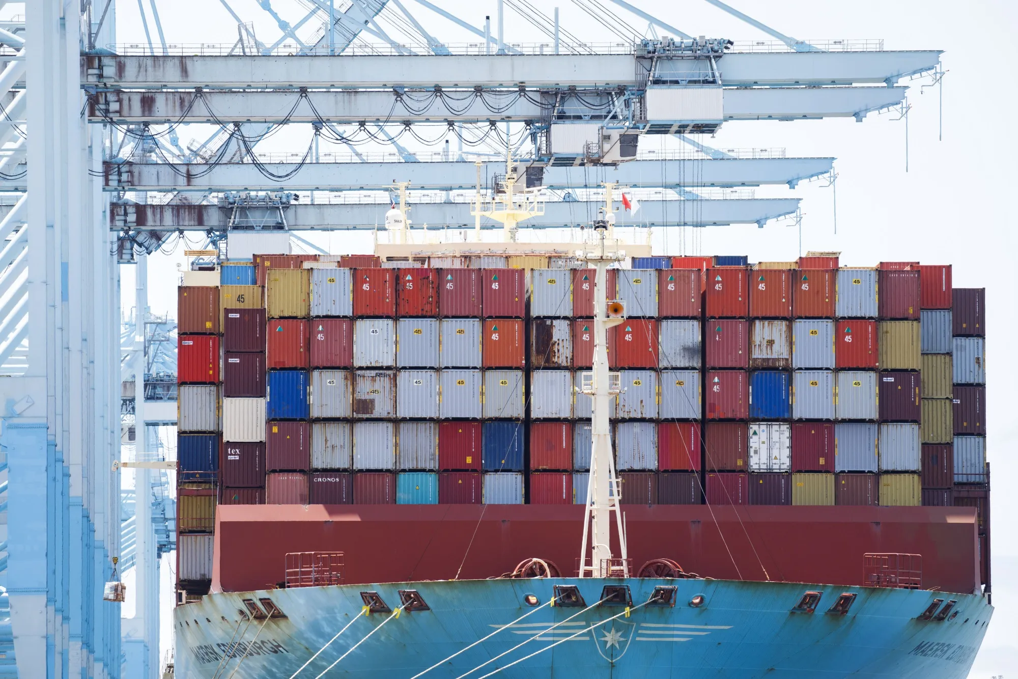 Shipping containers sit stacked on a&nbsp;cargo ship at&nbsp;the Port of Los Angeles.