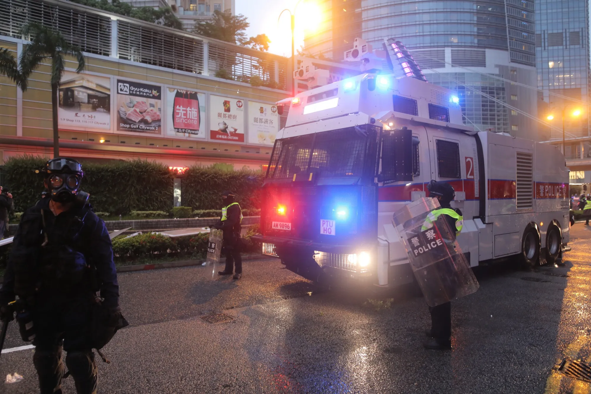 A water canon vehicle is brought into operation in Hong Kong on Aug. 25.&nbsp;