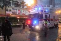A water canon vehicle is brought into operation in Hong Kong on Aug. 25. 