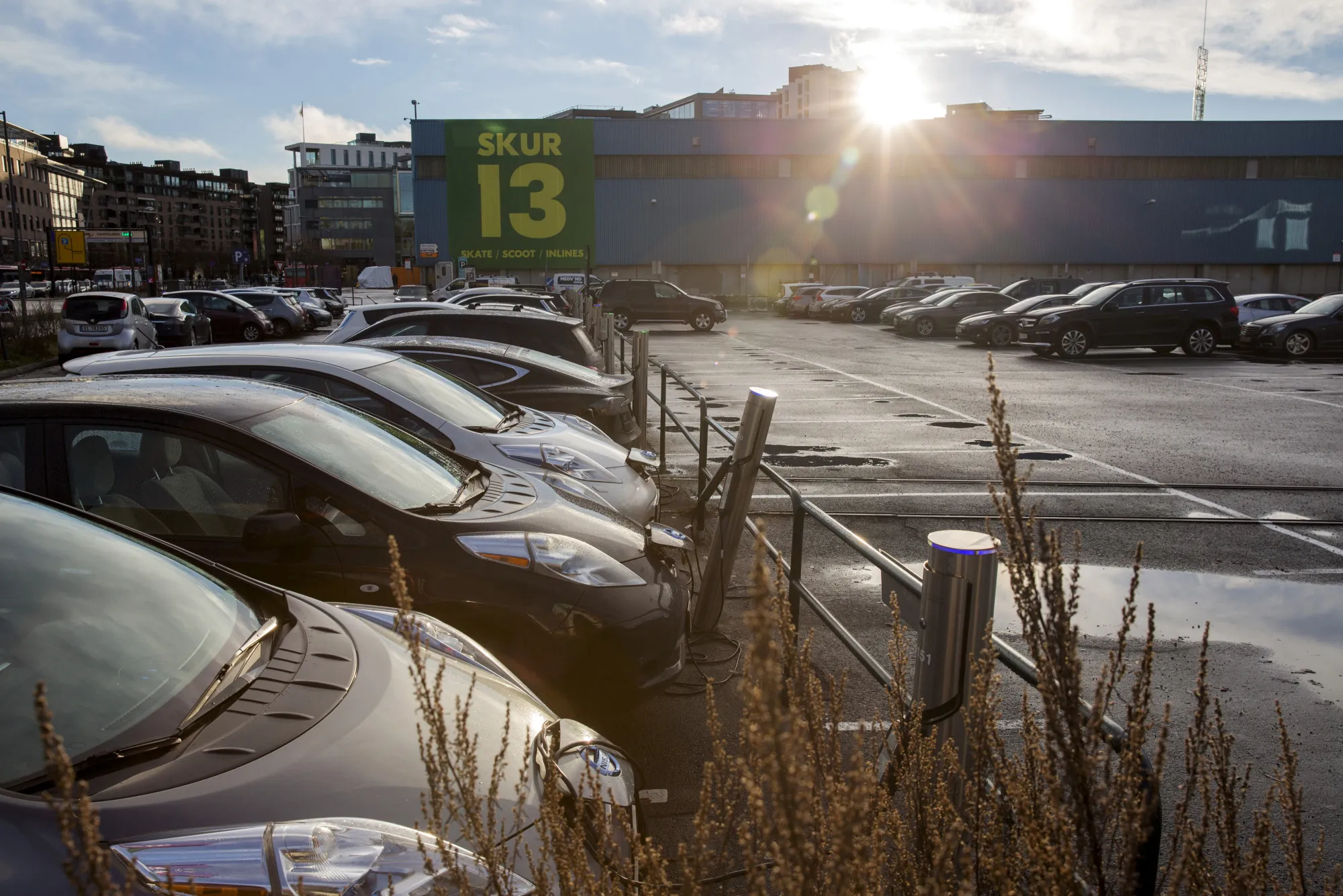 Electric vehicles at charging stations near the financial district in Oslo.