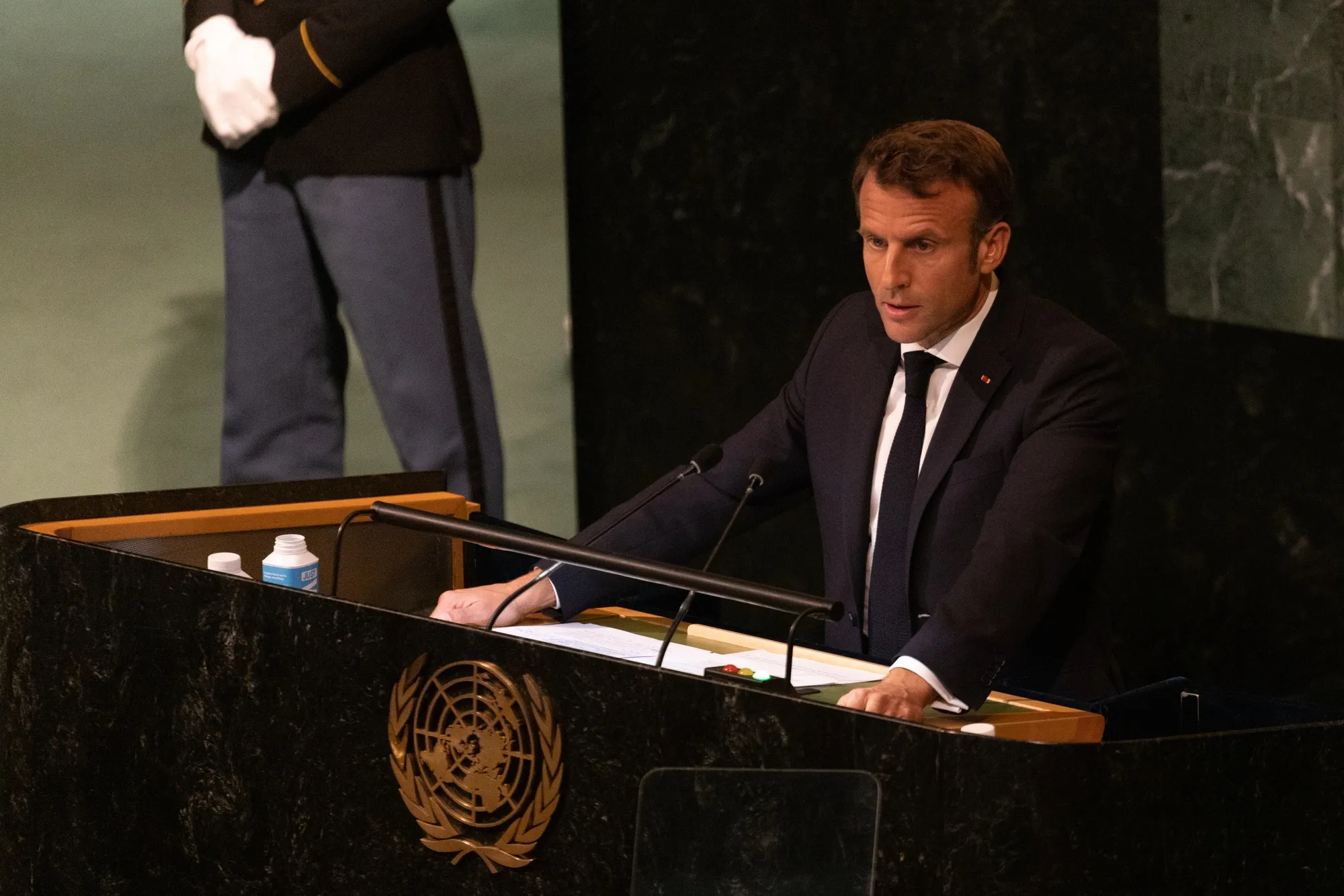 French President Emmanuel Macron speaks during the United Nations General Assembly&nbsp;in New York&nbsp;on Sept. 20, 2022.&nbsp;