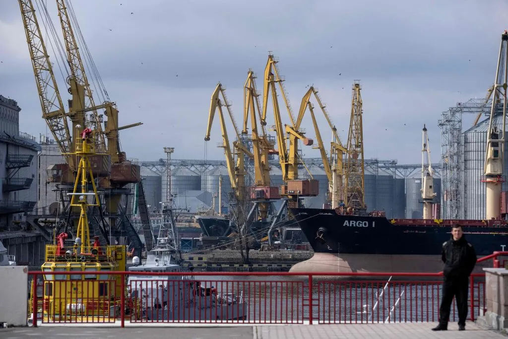A bulk carrier&nbsp;docked at the grain terminal of the port of Odessa, Ukraine.