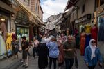 Visitors and shoppers at Mahmutpasha Bazaar in the Fatih district of Istanbul, Turkey.