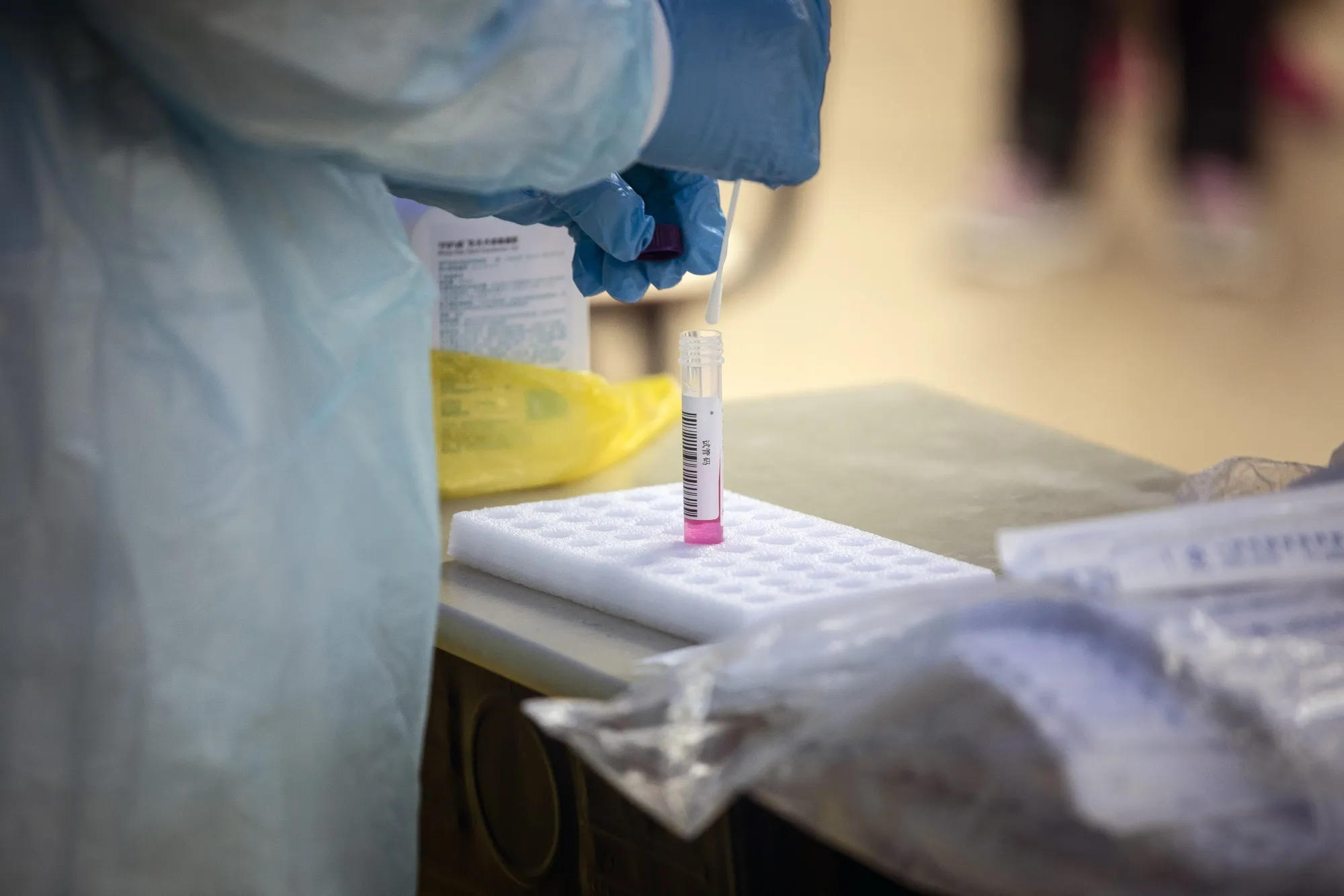 A vial containing swab samples at a Covid-19 testing site in Shanghai.