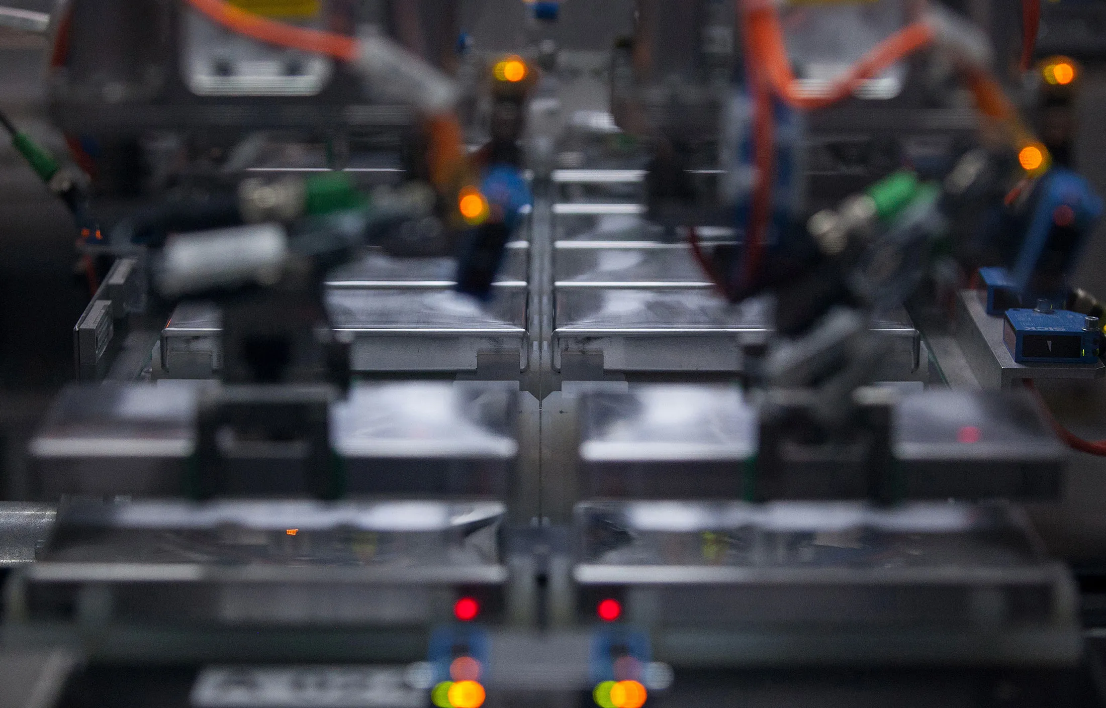 Lithium-ion battery cells, manufactured by Samsung SDI, sit on the production line before assembly at an auto plant.
