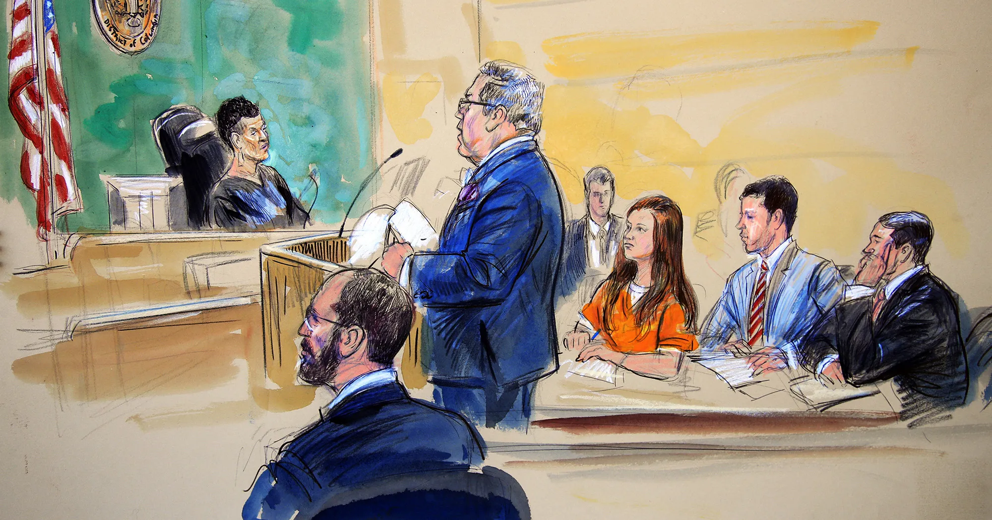 This courtroom sketch depicts Maria Butina, in orange suit, a 29-year-old gun-rights activist suspected of being a covert Russian agent, listening to her attorney Robert Driscoll, standing, as he speaks to Judge Deborah Robinson, left, during a hearing in federal court in Washington, Wednesday, July 18, 2018.