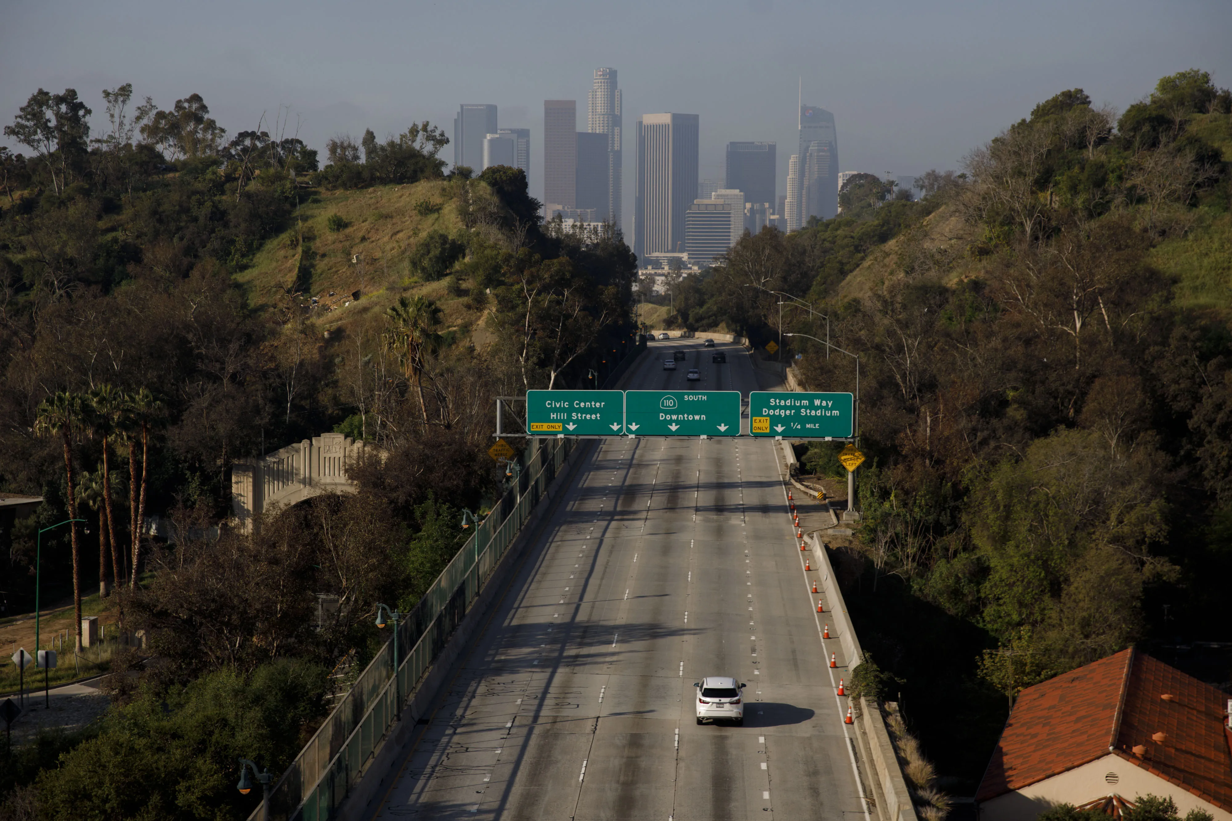 A vehicle drives along the nearly empty 110 freeway in Los Angeles, California, on&nbsp;April 1.&nbsp;