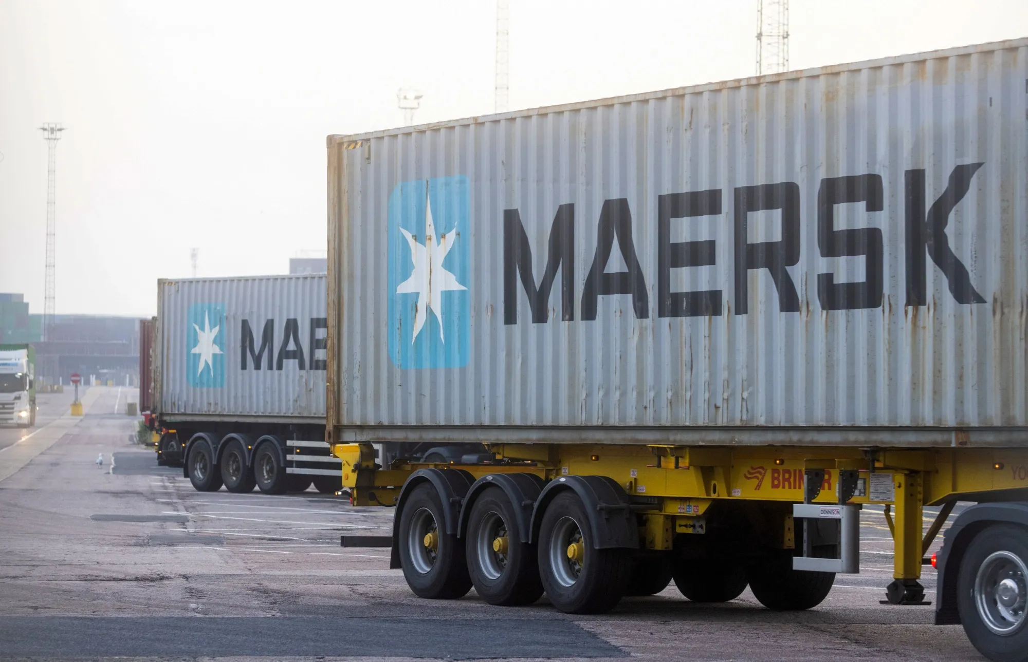 Shipping containers featuring the Moller-Maersk&nbsp;logo at the Port of Felixstowe.