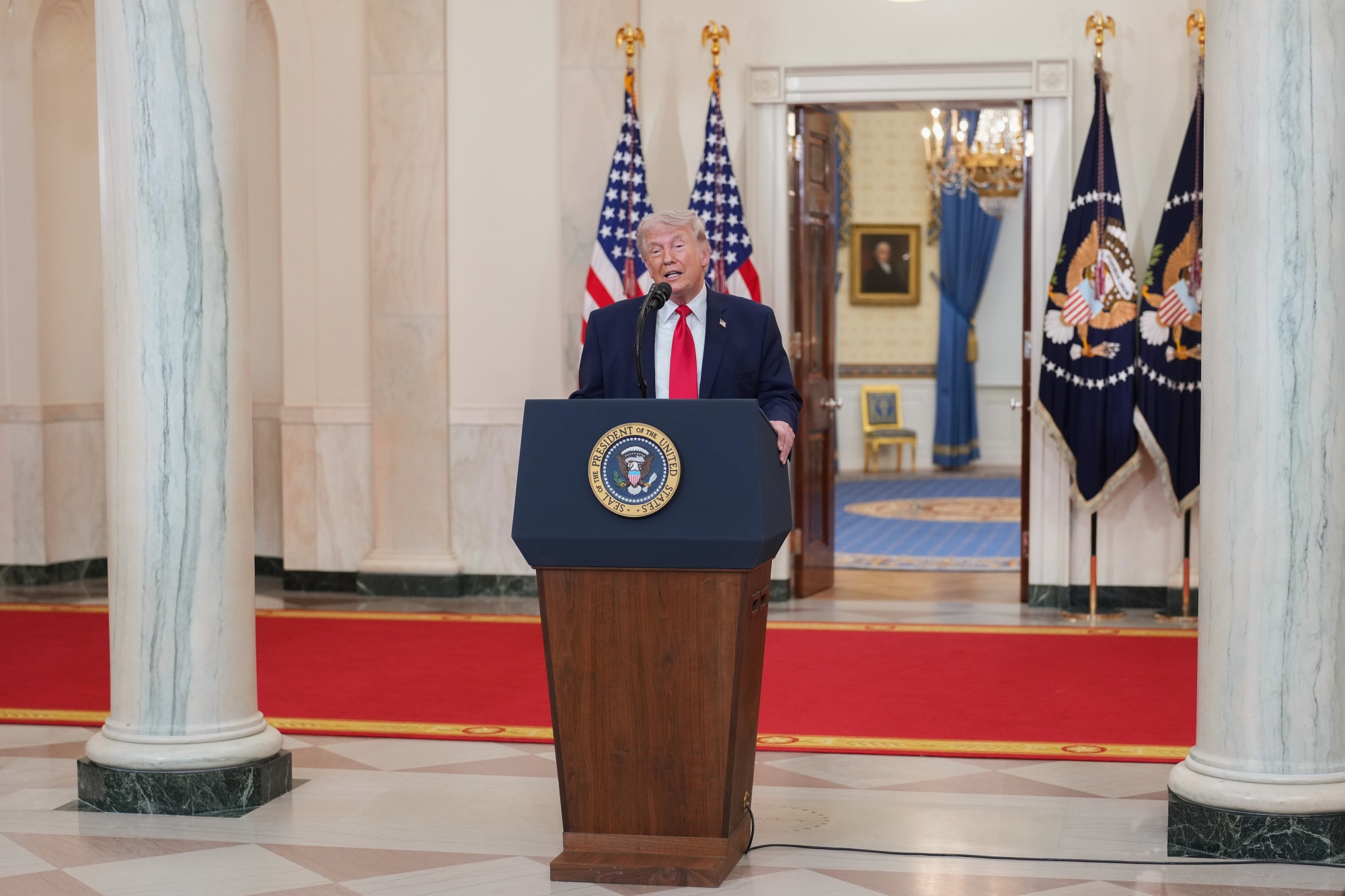 US President Donald Trump during a prime-time address to the nation in the Cross Hall of the White House in Washington, DC, US, on Wednesday, April 1, 2026. Trump said the war in Iran is "very close" to completion, seeking to reassure Americans about his handling of a conflict that has roiled financial markets and jeopardized his political standing with American voters.