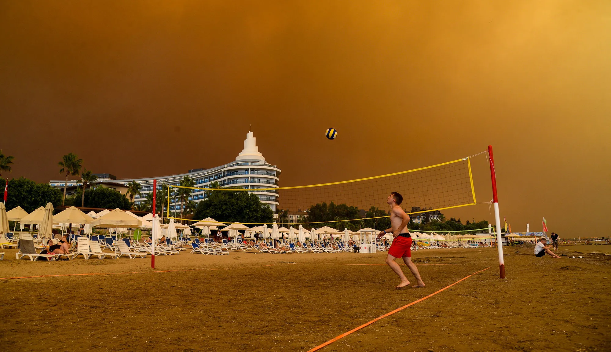 Smoke over a hotel complex during a massive forest fire which engulfed a Mediterranean resort region near the town of Manavgat, Turkey on July 29.