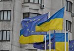 Flags of Ukraine and European Union in Kyiv.