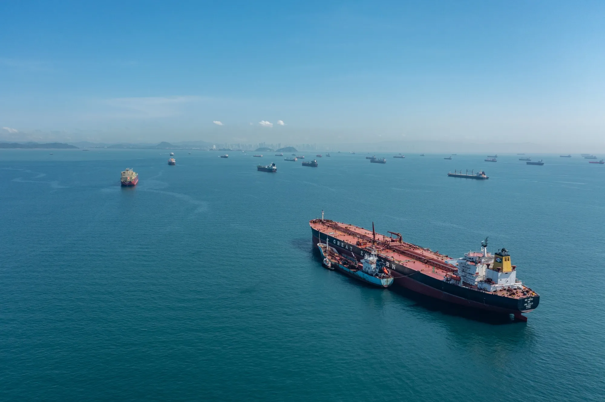 Cargo ships wait to cross the Panama Canal in Panama on September 1.