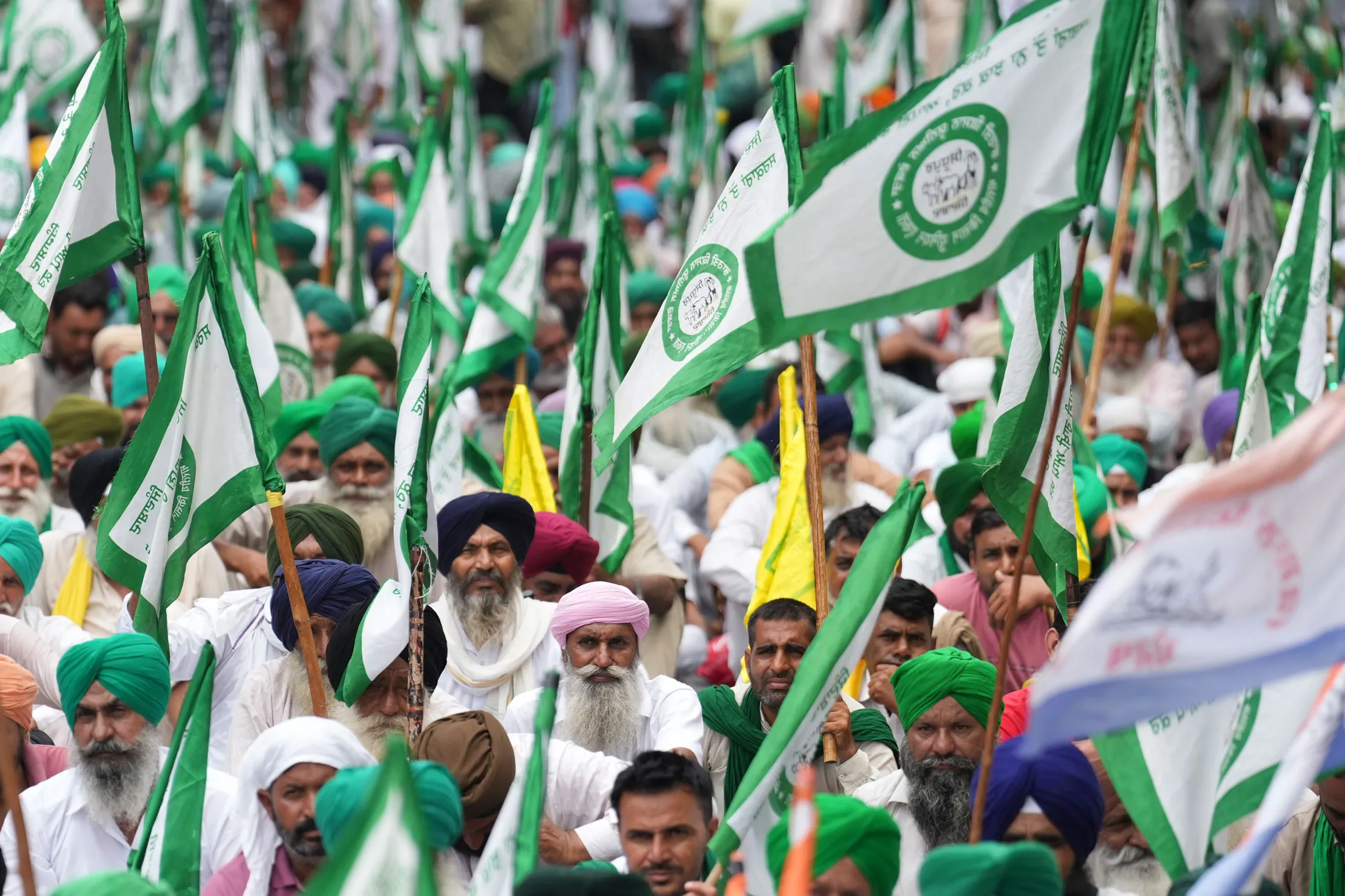 Farmers during a rally in New Delhi in 2025.
