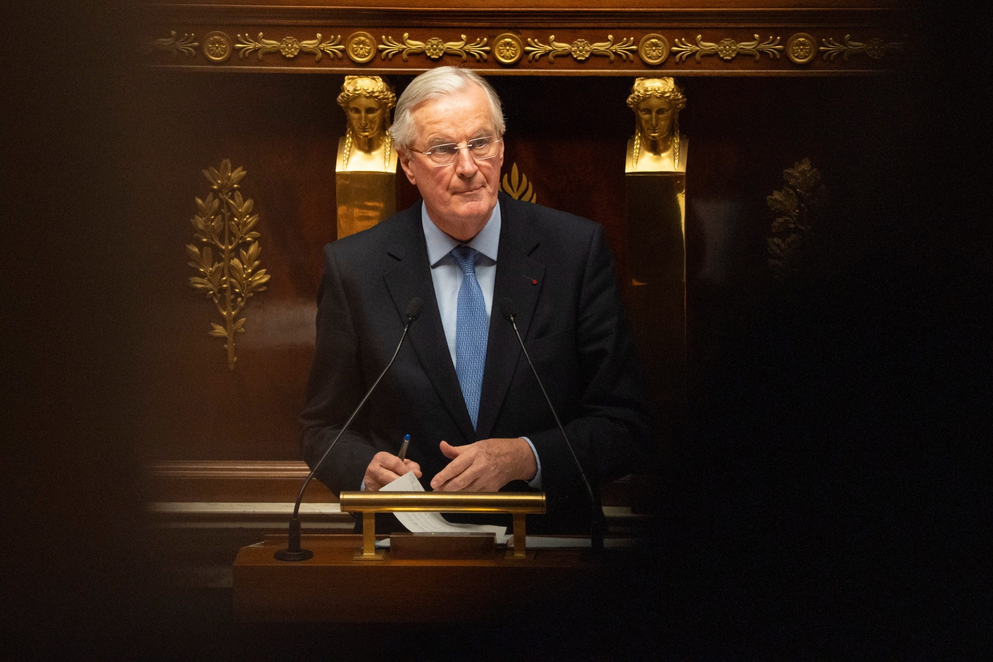 Michel Barnier&nbsp;speaks during a no-confidence debate at the National Assembly in Paris, France, on&nbsp;Dec. 4.