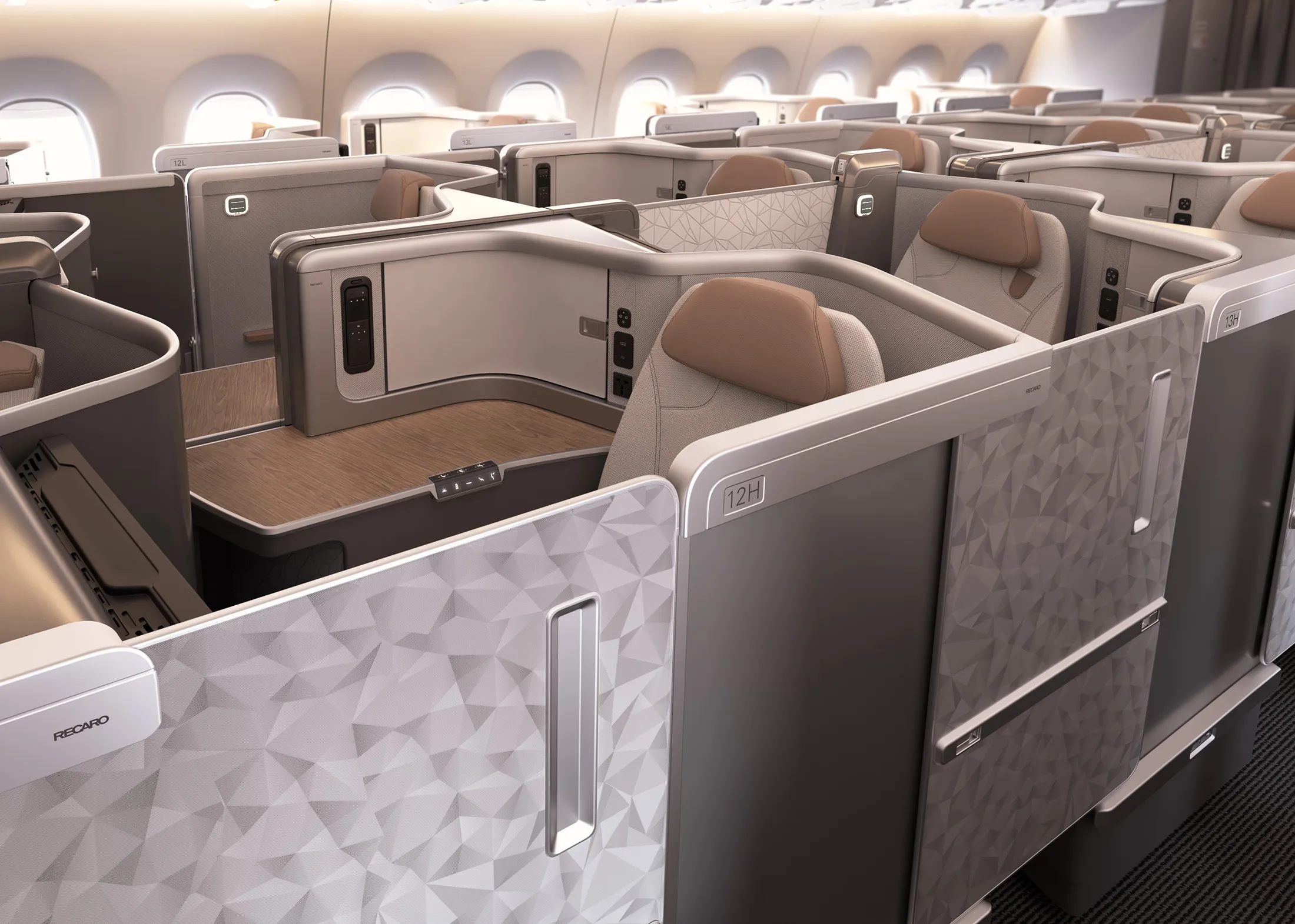 Recaro’s new business class seats with dividing walls, closed doors.
