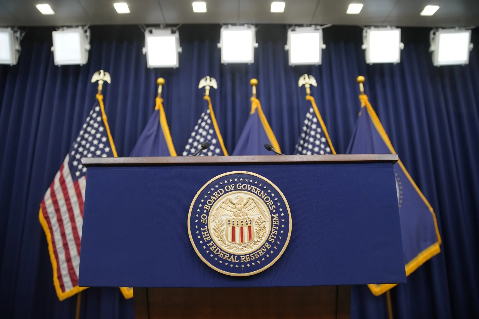 The Federal Reserve seal ahead of a news conference following a Federal Open Market Committee&nbsp;meeting in Washington, DC&nbsp;on March 22, 2023.