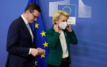 Mateusz Morawiecki and Ursula von der Leyen arrive prior to a meeting at EU headquarters in Brussels, on March 1.