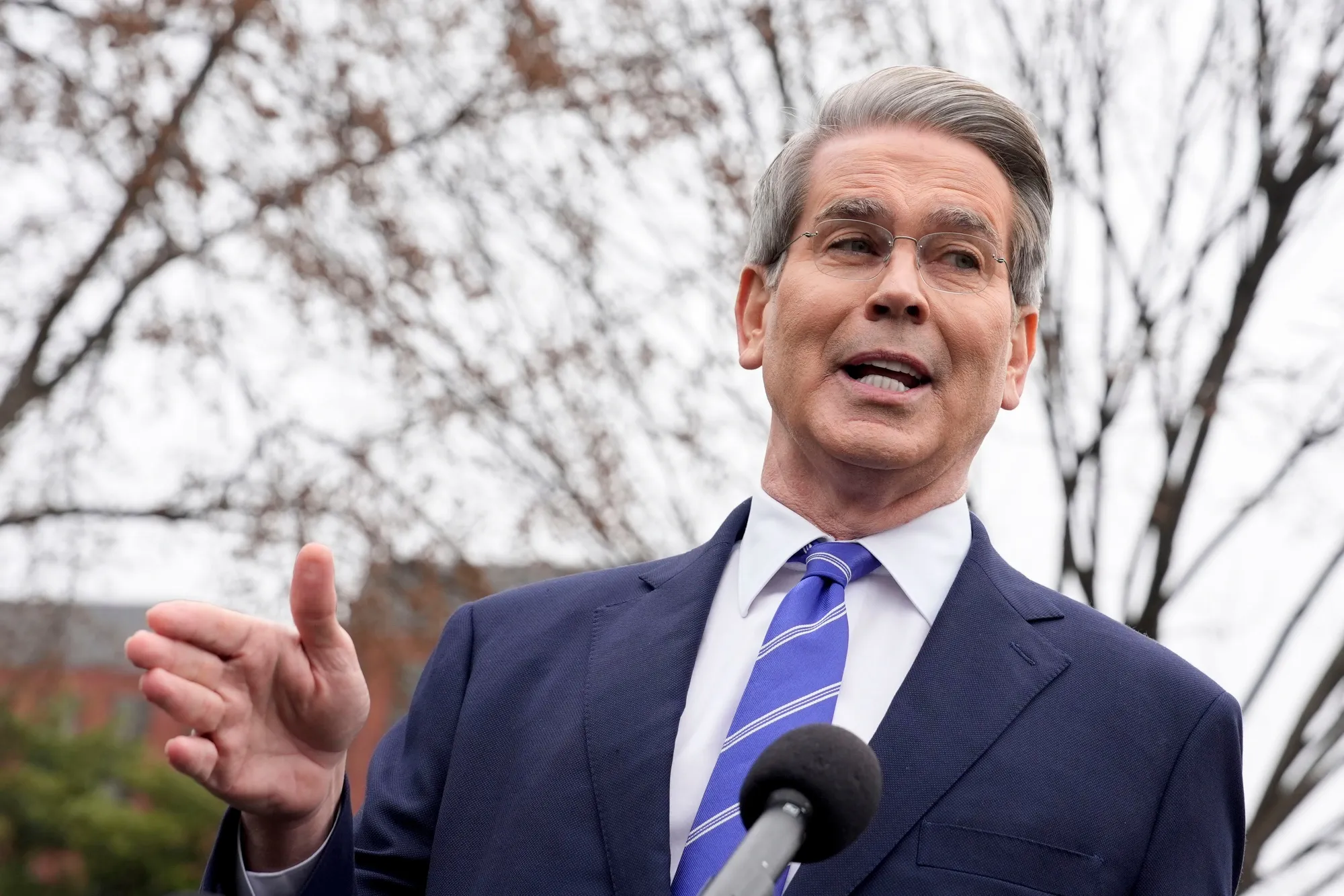 Scott Bessent, US Treasury Secretary, speaks to the media outside the White House on March 13.&nbsp;