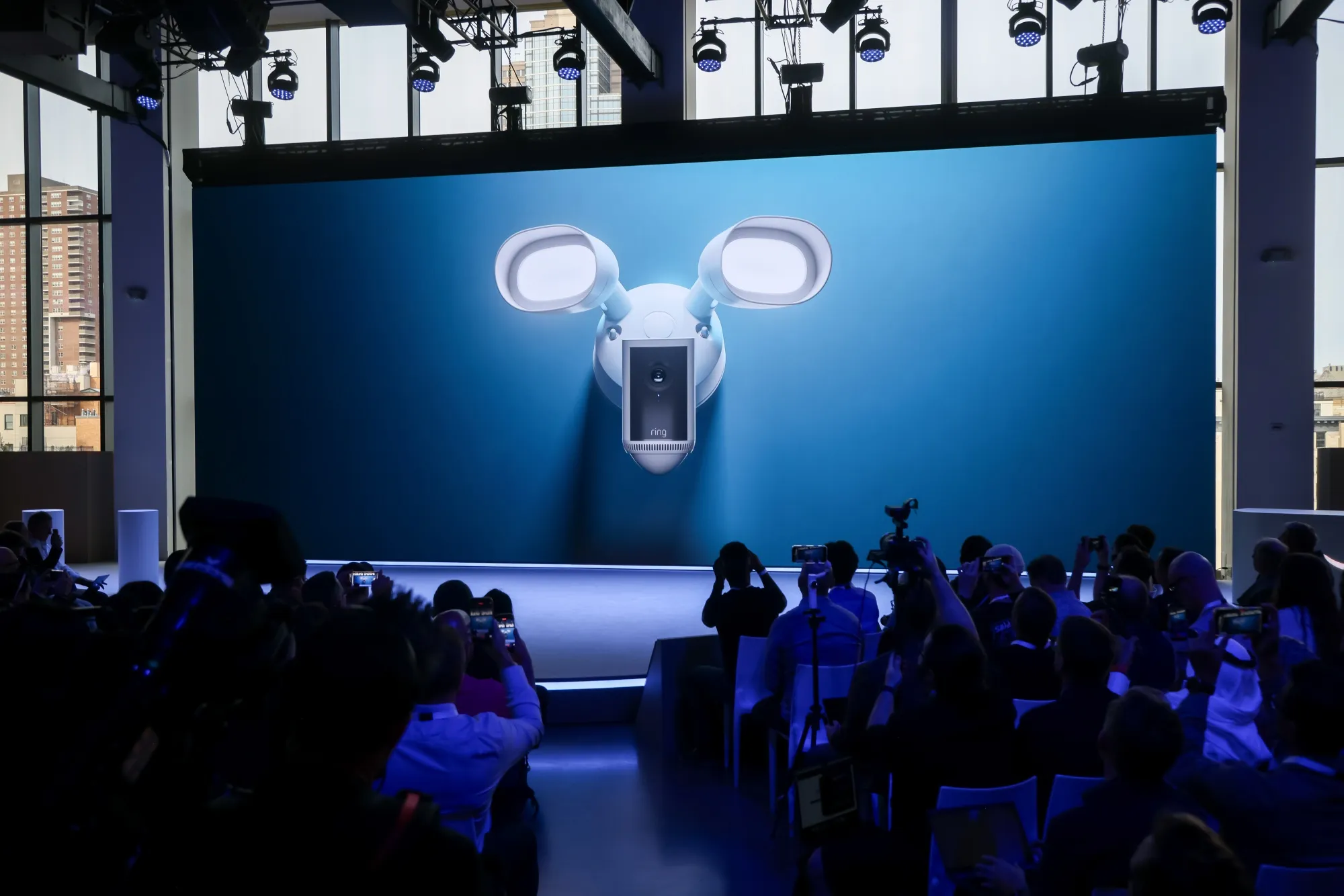 An image of the Ring Floodlight Cam Pro on screen during Amazon’s product event in September 2025 in New York.